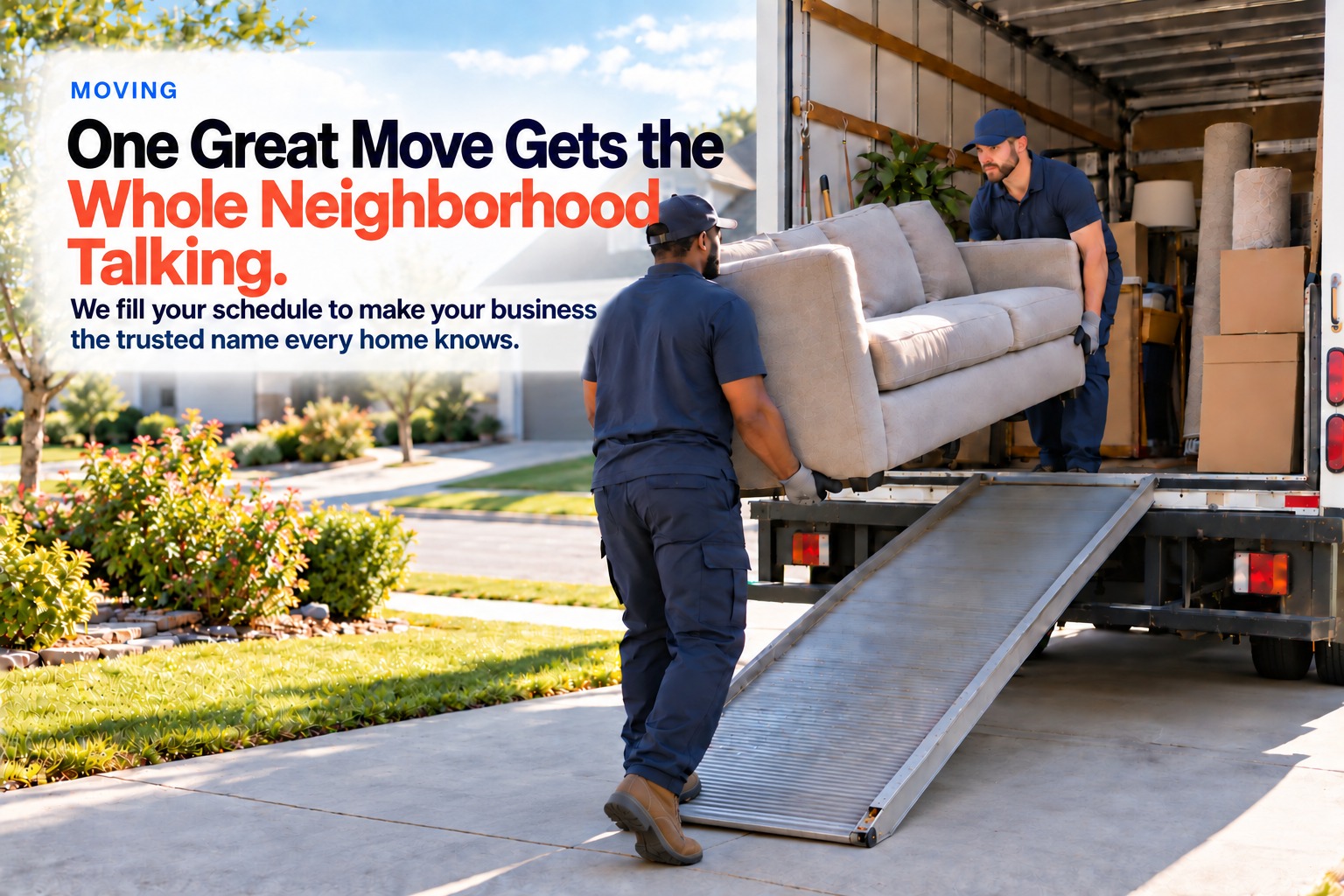 Movers carrying furniture up the ramp of a moving truck