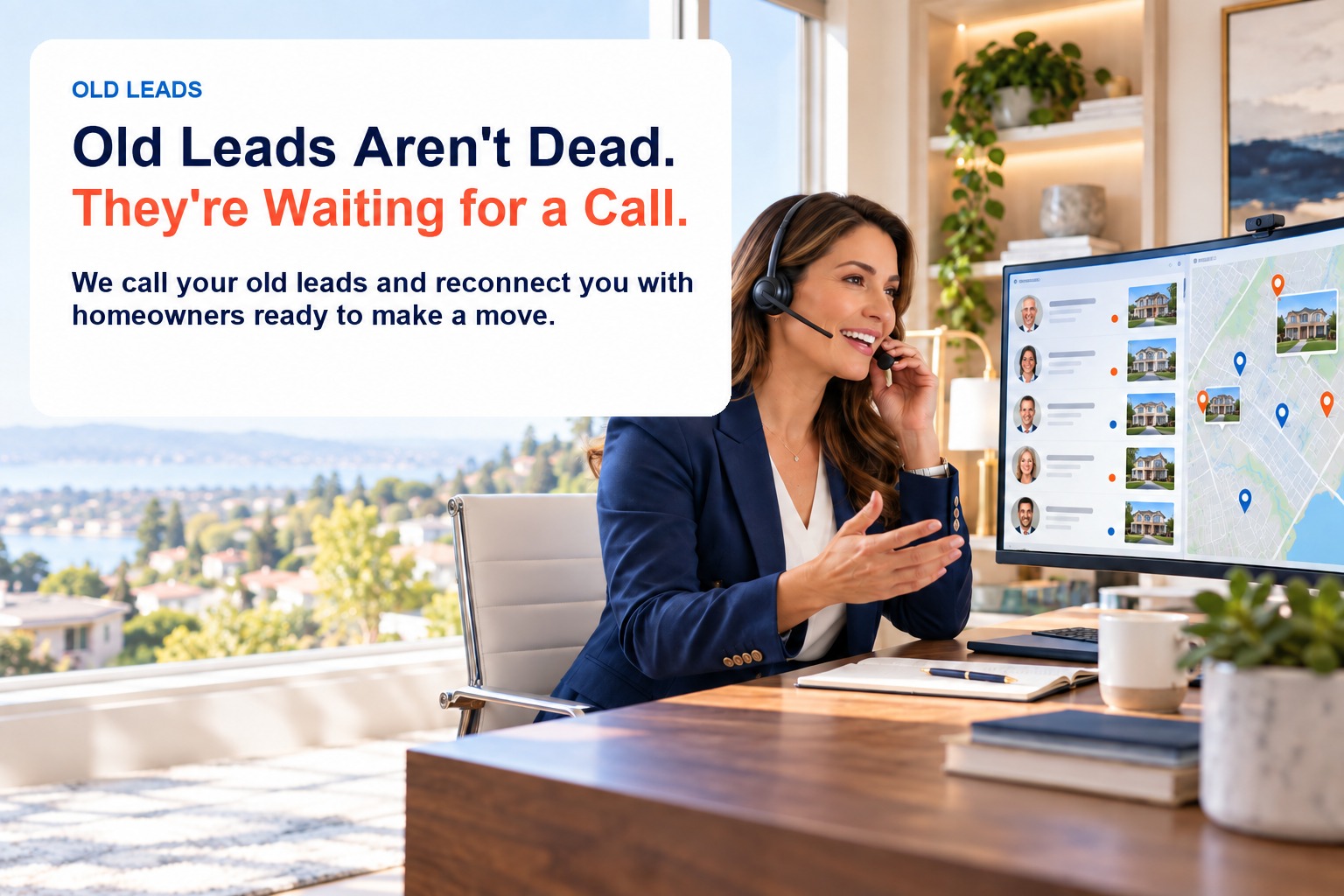 An agent on a headset at her desk, her list of past leads and a map of their homes on screen