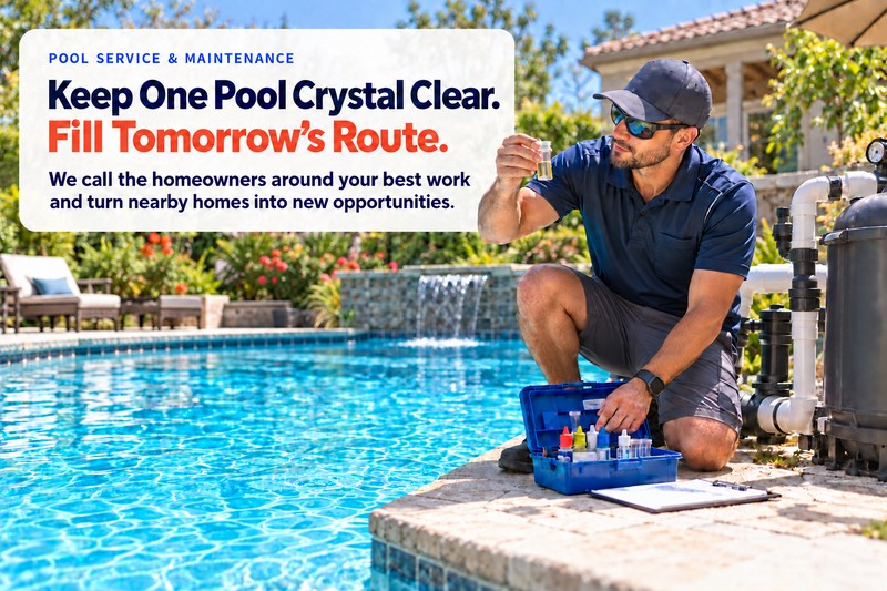 A pool technician testing the water at a backyard pool