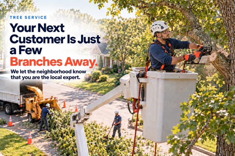 A tree crew working from a lift with the chipper truck on the street