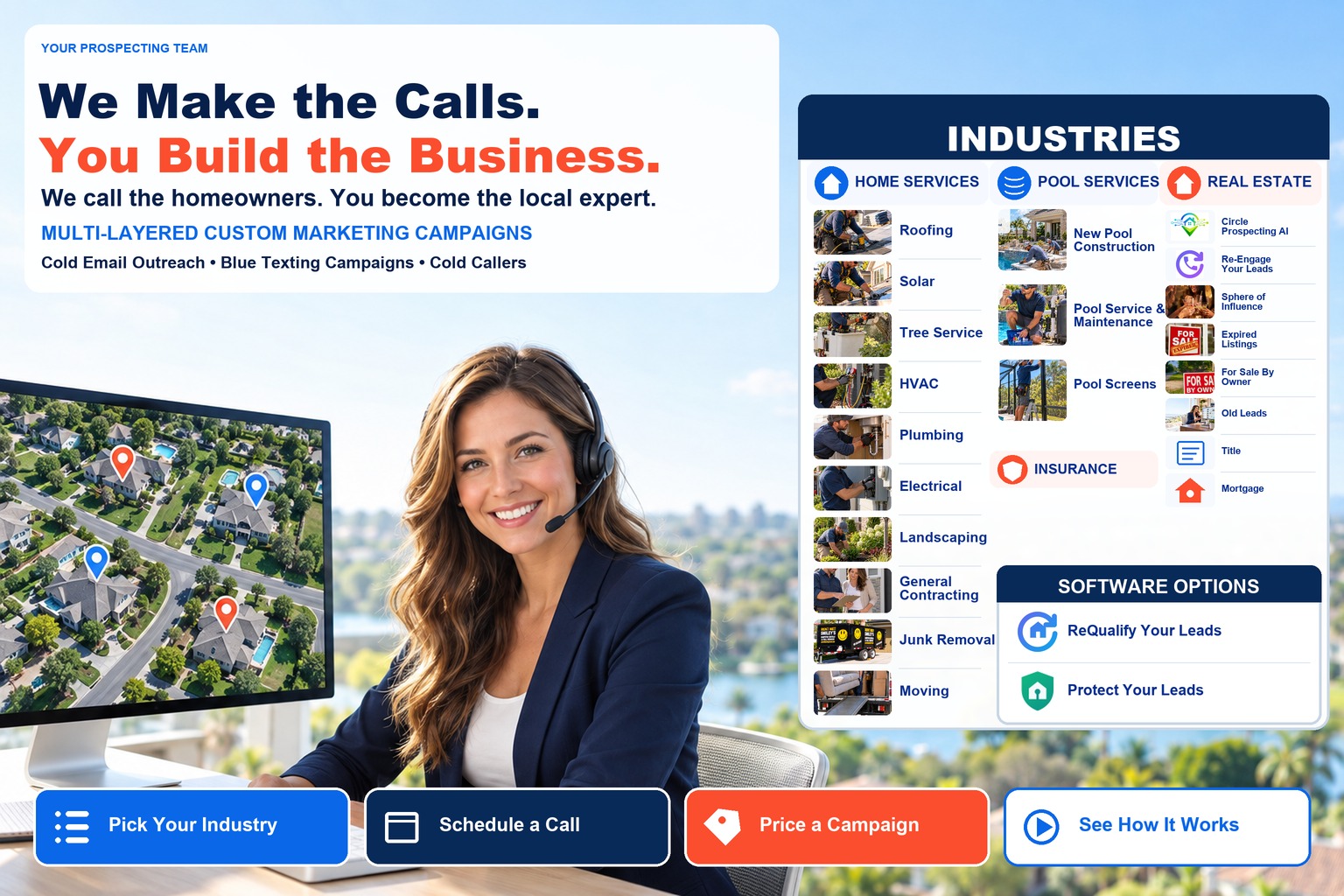A HousingLeads caller on a headset beside a map of a neighbourhood, with the industries we call for and our software listed alongside
